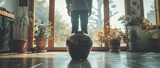 A person standing on top of a vase in front of large windows. Generative AI. - Powered by Adobe