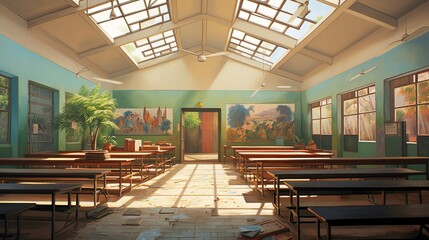 Bright and airy, this image captures an empty classroom bathed in sunlight with beautiful landscape...