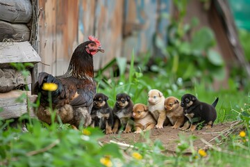 A group of puppies are standing around a chicken. Generative AI.