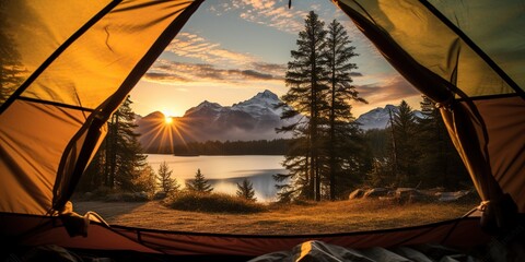 View from tent to beautiful mountain landscape with lake and the dawn sun -, concept of serene nature