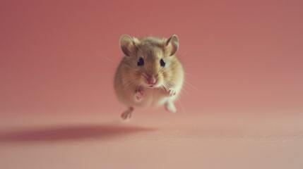 A small mouse is flying through the air on a pink background. Generative AI.