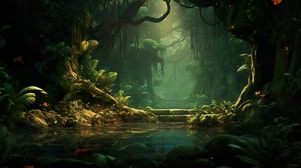 An enchanted lush jungle with vibrant flora, ethereal light piercing through the dense foliage creates a surreal scene