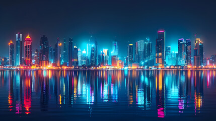 Fototapeta premium Vibrant Cityscape With Reflections at Night