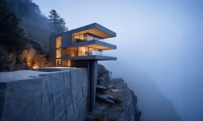 square box-like structure is perched on top of a sheer cliff, overlooking a large waterfall. The surrounding area is covered in fog, creating an otherworldly atmosphere. - 782587527