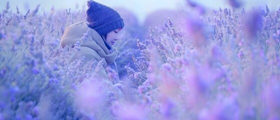A person in a field of lavender flowers with snow on the ground. Generative AI.
