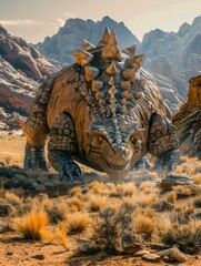 A large dinosaur is standing in the desert with rocks around it. Generative AI.