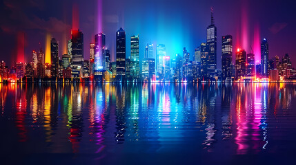 Vibrant Cityscape With Reflections at Night