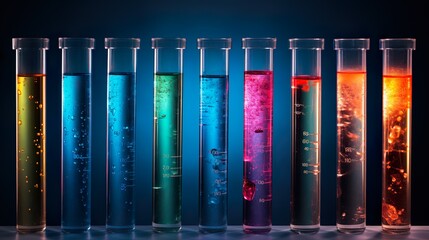 Vibrant colored liquids bubble inside test tubes against a dark blue background, showing dynamic chemical reactions