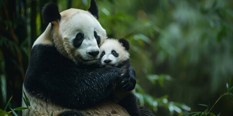 Fototapeta premium A panda bear is holding a baby in its arms. Generative AI.