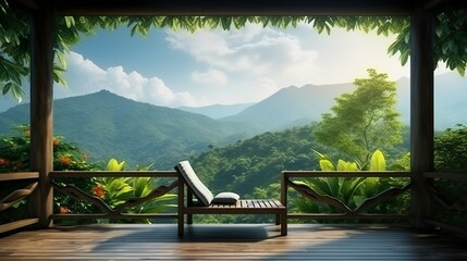 Digital render of a peaceful wooden deck overlooking a lush green mountain range in a tranquil scene - Powered by Adobe