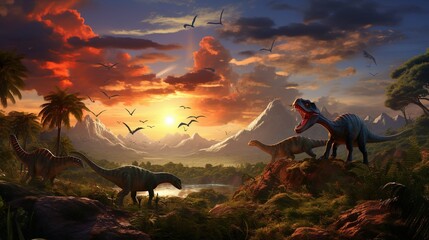 A serene prehistoric scene featuring various dinosaurs roaming in a lush landscape with a vibrant sunset backdrop