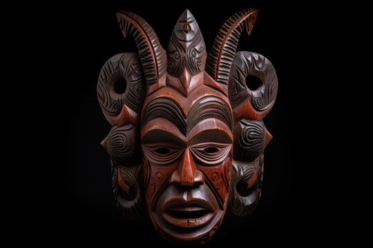 a wooden mask with a black background