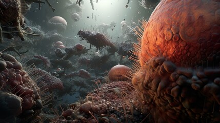 This image depicts a dense collection of virus-like particles submerged in a mysterious fluid resembling an underwater scene