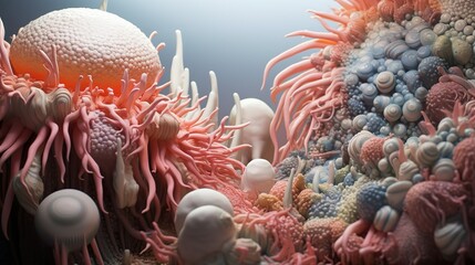 The image captures an artistic interpretation of virus-like formations with a tactile, surreal quality focused on texture