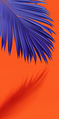 Vibrant blue palm leaf on orange background with copy space. Vertical summer concept composition. 3D Rendering, 3D Illustration