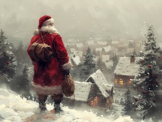 Illustration of santa claus standing on the roof of the house, looking over the city at night.