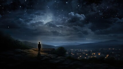 An image capturing a lone man silhouetted against a vast, majestic starry night sky overlooking a cityscape