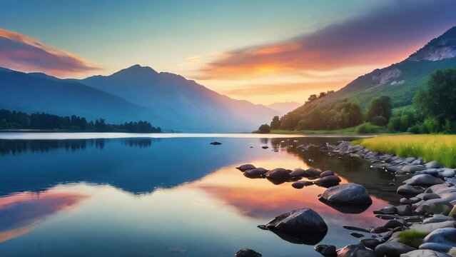 Peaceful sunrise paints the calm lake with vibrant colors, reflecting the beauty of the sky and mountains