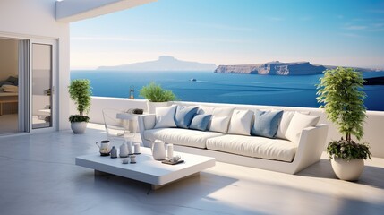 A contemporary and sophisticated outdoor seating arrangement facing a vast sea, highlighting...