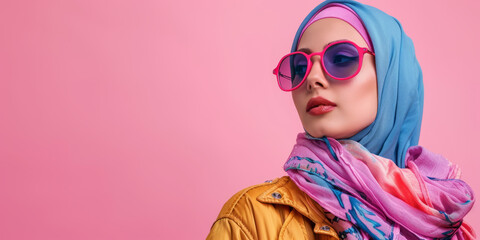 Modern colorful fashionable outfit photoshoot of a muslim hijab woman in energetic shot cheerful and upbeat for modest trendy arab women fashion as wide banner with ample copyspace.
