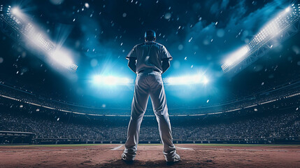 baseball player standing ready in the middle of baseball arena stadium - obrazy, fototapety, plakaty