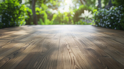 New brown matte oak texture laminate flooring, blurred spring garden background, macro shot, focus on laminate flooring. - obrazy, fototapety, plakaty