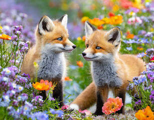 Fototapeta premium Jeunes renards qui jouent dans un champ de fleurs colorées