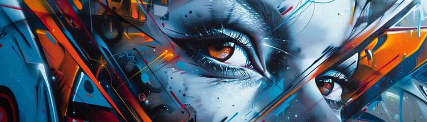 A bold fusion of gritty street art and sleek futuristic elements from a dynamic frontal view, rendered in vivid hyper-realistic detail - obrazy, fototapety, plakaty