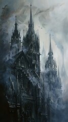 The eerie beauty of a gothic cathedral engulfed in mist, showcasing intricate gargoyles and haunting spires in a hauntingly atmospheric oil painting - obrazy, fototapety, plakaty