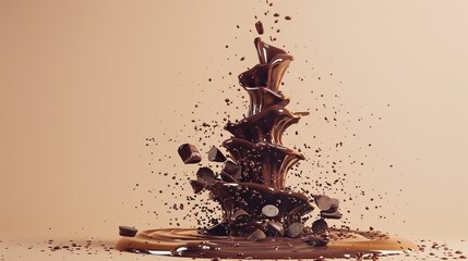 A cascading fountain of melted chocolate d style isolated flying objects memphis style d render   AI generated illustration - obrazy, fototapety, plakaty