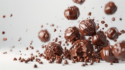 A cluster of shiny chocolate truffles  d style isolated flying objects memphis style d render  AI generated illustration