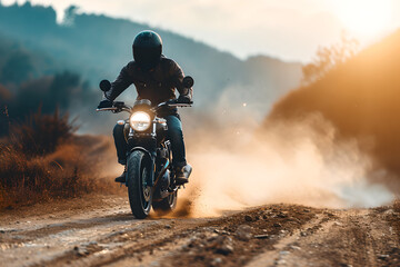 motorcycle rider on dirt road with helmet, action-packed scenes, high resolution, blur background , desert , dust , sunlight , professional biker