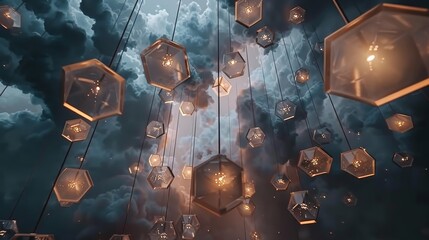 A constellation of hexagonal objects suspended in an otherworldly realm  AI generated illustration - obrazy, fototapety, plakaty