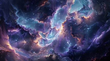 A constellation of fractal clouds suspended in an enchanted realm  AI generated illustration - obrazy, fototapety, plakaty