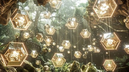 A constellation of hexagonal objects suspended in an otherworldly realm   AI generated illustration
