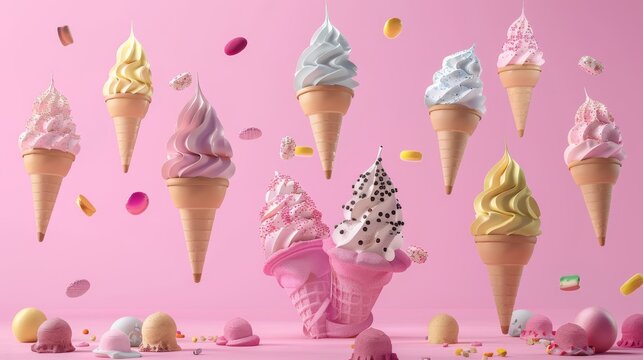 A collection of frozen yogurt cones  d style isolated flying objects memphis style d render   AI generated illustration