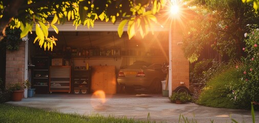A cozy car garage with a sunlit backdrop   AI generated illustration