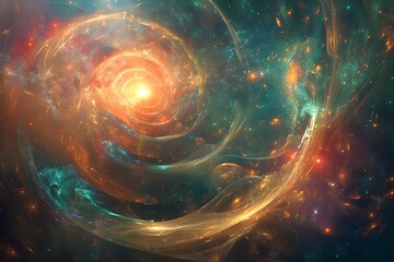 A spiral galaxy with a bright orange sun in the center. The galaxy is filled with stars and has a blue and green hue - obrazy, fototapety, plakaty