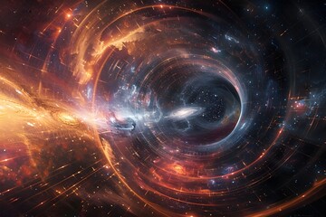 A spiral galaxy with a black hole in the center. The galaxy is filled with stars and planets, and the black hole is surrounded by a bright orange and red swirl