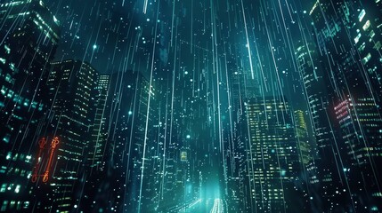 A digital rain falls from the sky casting a shimmering glow over the city streets   AI generated illustration
