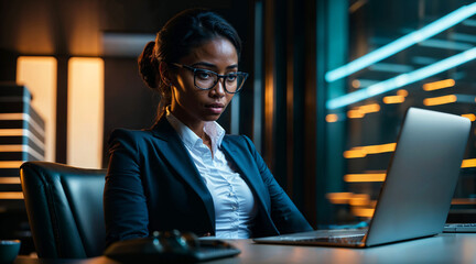 Businesswoman wearing glasses working on laptop in office