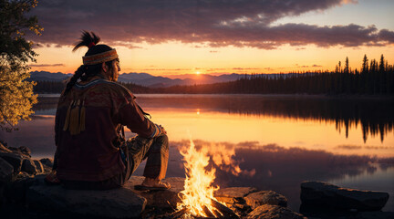 Indigenous person enjoying a sunset over the lake by a fire