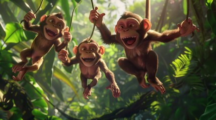 Fototapeta premium A family of playful monkeys swinging through the trees in stunning D animation AI generated illustration