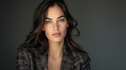 Fototapeta premium A fashionable studio portrait of a brunette woman in a blazer shot with a Nikon D camera AI generated illustration