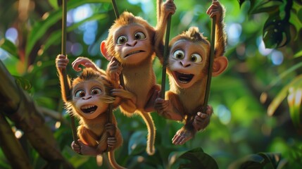 A family of playful monkeys swinging through the trees in stunning D animation   AI generated illustration - obrazy, fototapety, plakaty