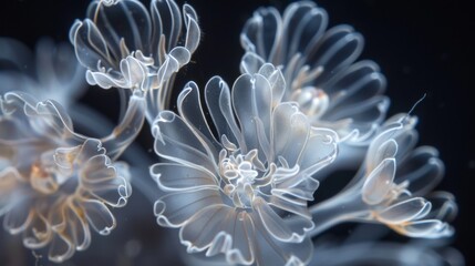 A delicate flowerlike of ciliates their waving cilia resembling soft petals in a gentle current.