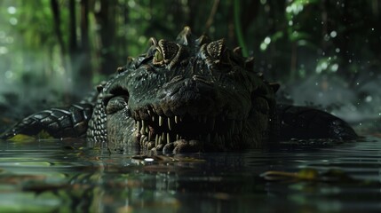 A fearsome crocodile lurking beneath the surface of a murky swamp rendered in stunning K resolution  AI generated illustration