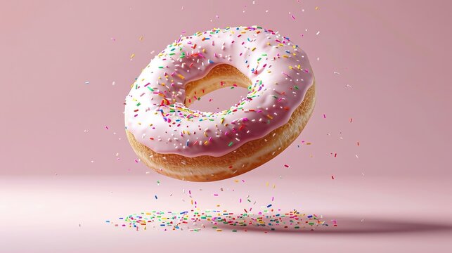 A frosted donut suspended in mid-air d style isolated flying objects memphis style d render  AI generated illustration