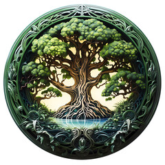 Illustration of a tree with ornate circular frame and river