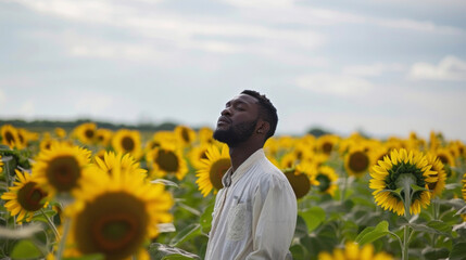 A handsome black man radiates strength and inner peace as he poses in a field of sunflowers. His attire a simple yet stylish ensemble made from sustainable materials reflects his dedication .